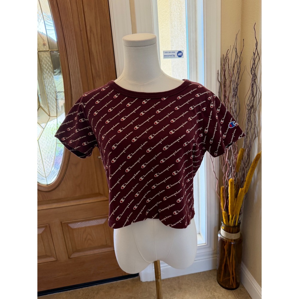 Champion Heritage All Over Print Logo Cropped T-Shirt Burgundy Maroon Small
